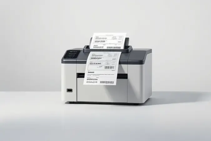 Renderização 3D de impressora térmica genérica em estúdio com etiquetas térmicas em branco saindo do equipamento.