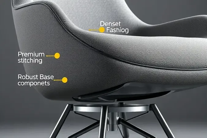 Render 3D conceitual destacando indicadores de qualidade de cadeira gamer com detalhes de costura e estrutura interna