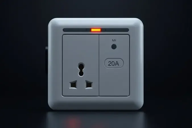 Tomada elétrica e plugue de 20A com indicadores de segurança em renderização 3D conceitual moderna.