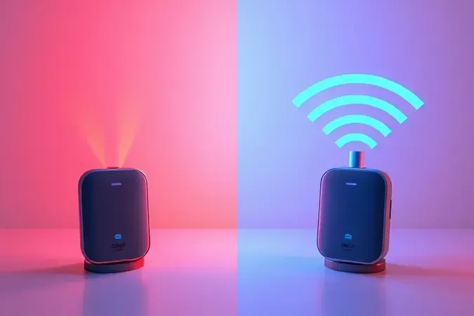 Composição dividida comparando conectividade infravermelha e WiFi em controles remotos com renderização 3D.