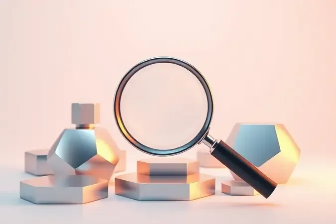 Renderização 3D de lupa conceitual sobre formas geométricas abstratas simbolizando inspeção de características de notebook antes da compra.