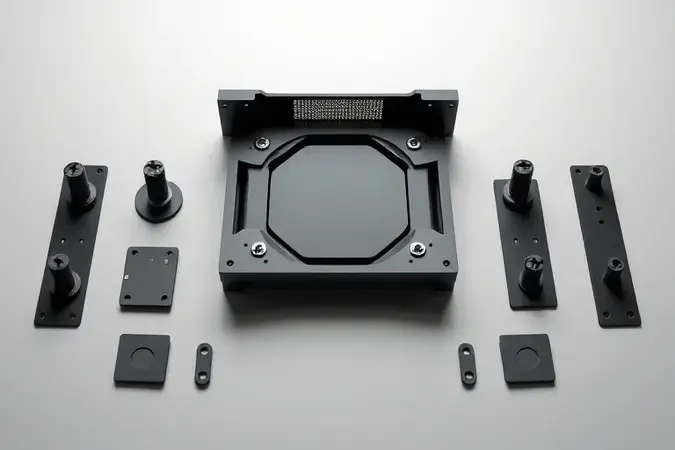 Conceito 3D de sistema de montagem de cooler para processador com suporte e parafusos.