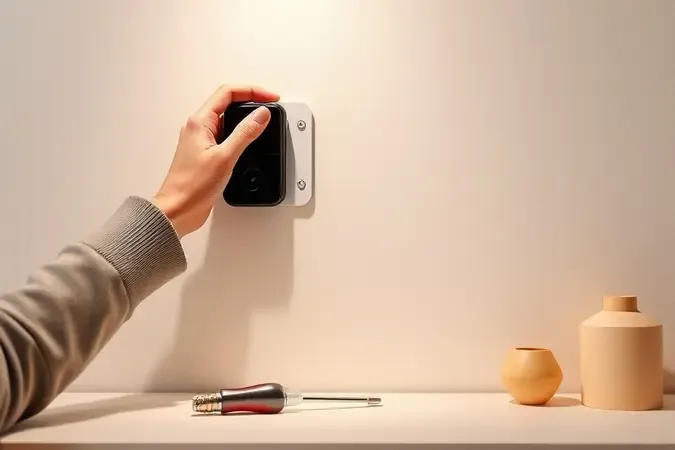 Renderização 3D conceitual de mãos instalando campainha sem fio em suporte de parede com ferramentas de instalação