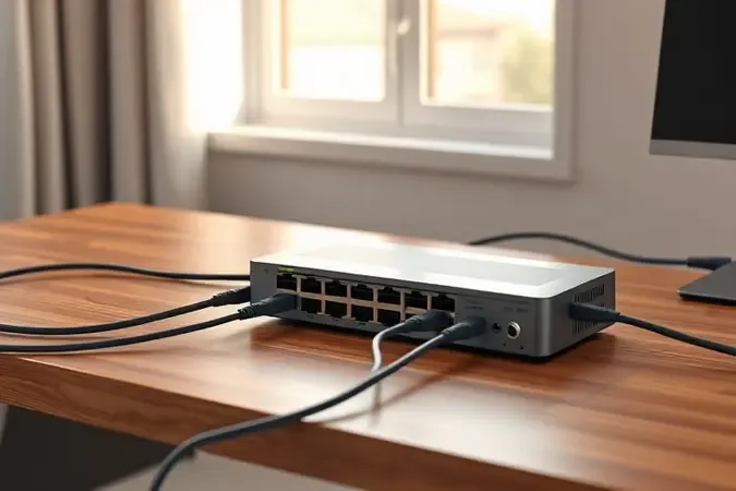 Cena de instalação de switch de rede não gerenciado com cabos ethernet organizados em ambiente residencial moderno e limpo.