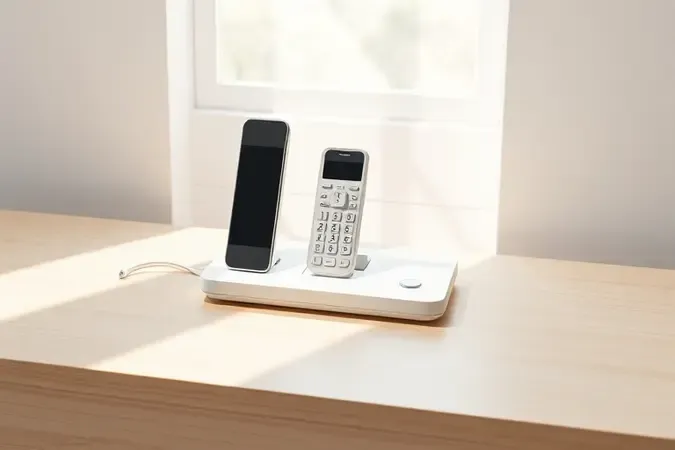 Conceito 3D de instalação de telefone sem fio com base abstrata sobre superfície de madeira clean e iluminação natural suave.
