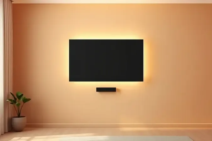 Render 3D conceitual de instalação de TV na parede com iluminação ambiente e organização de cabos minimalista.
