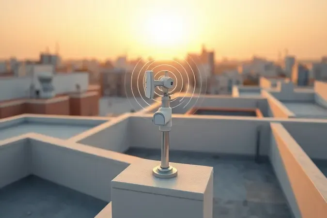 Renderização 3D conceitual de instalação de antena digital externa em telhado com indicadores de sinal otimizado.