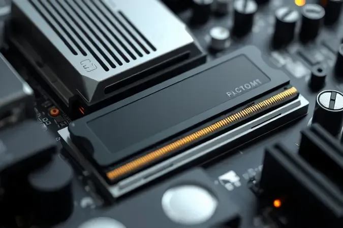 Render 3D conceitual mostrando a instalação de um módulo de memória RAM no slot da placa-mãe.