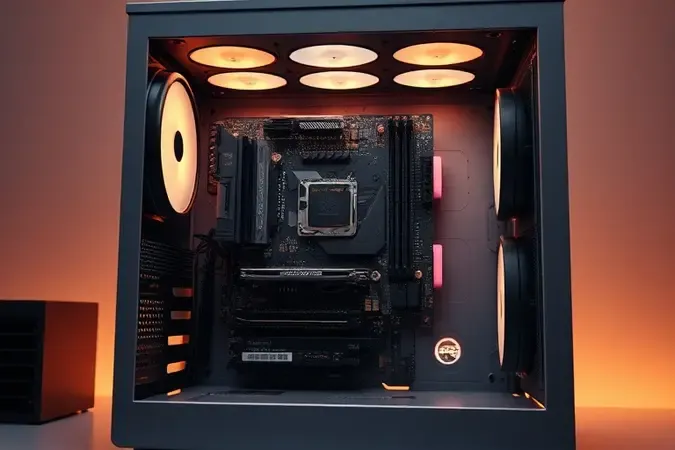 Renderização 3D conceitual do processo de instalação de placa-mãe em gabinete de PC com estética limpa