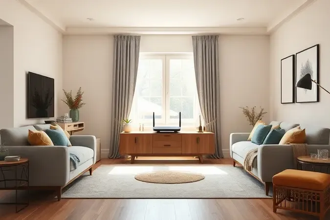 Render 3D de sala moderna com roteador posicionado em local estratégico para melhor sinal Wi-Fi.