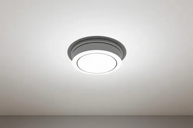 Instalação de sensor de presença inteligente embutido no teto em renderização 3D conceitual com design minimalista