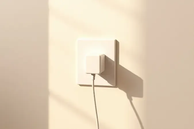 Render 3D de tomada inteligente sendo instalada em parede moderna com iluminação natural suave.