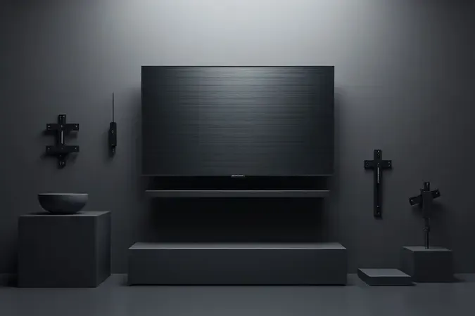 Renderização 3D de TV flutuante com estruturas geométricas abstratas representando opções de suporte e montagem VESA.