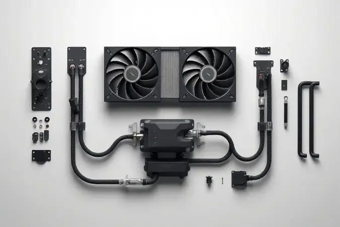 Render 3D conceitual de instalação de water cooler 240mm com vista explodida organizada.
