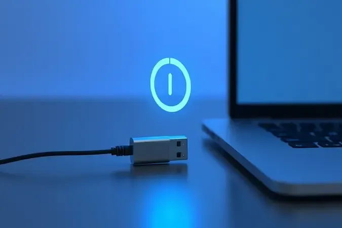 Render 3D de adaptador Bluetooth USB alinhado a porta de notebook abstrato com formas geométricas sugerindo Windows e Mac.