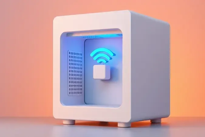 Renderização 3D conceitual e minimalista mostrando a instalação de um adaptador Wi-Fi em computador com destaque para a facilidade do processo.