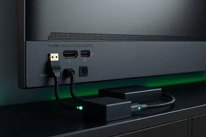 Mão conectando dispositivo de streaming compacto e sem marca na porta HDMI de televisão moderna em close conceitual.