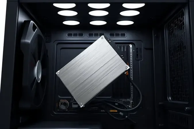 Render 3D conceitual de instalação de HD interno em baia de gabinete de computador moderno
