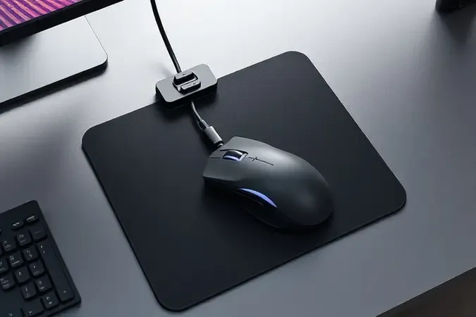 Render 3D mostrando instalação correta de mouse bungee com cabo posicionado em arco ideal para jogos e ergonomia.
