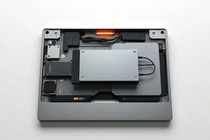 Instalação conceitual de SSD SATA em notebook aberto com componentes internos estilizados em renderização 3D.
