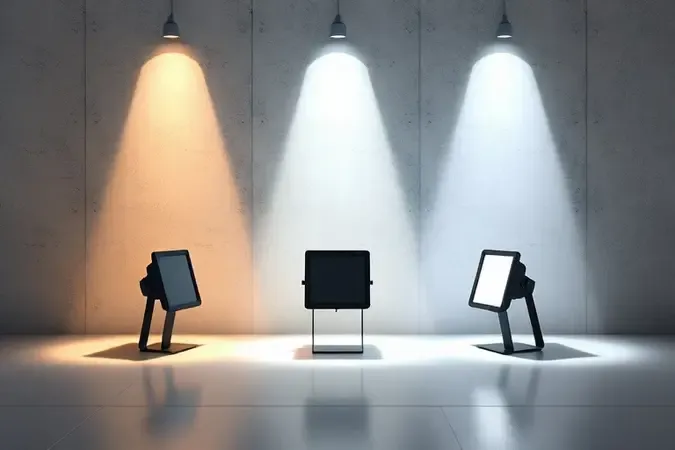 Renderização 3D conceitual mostrando diferentes intensidades de luz de refletores LED em parede de concreto.