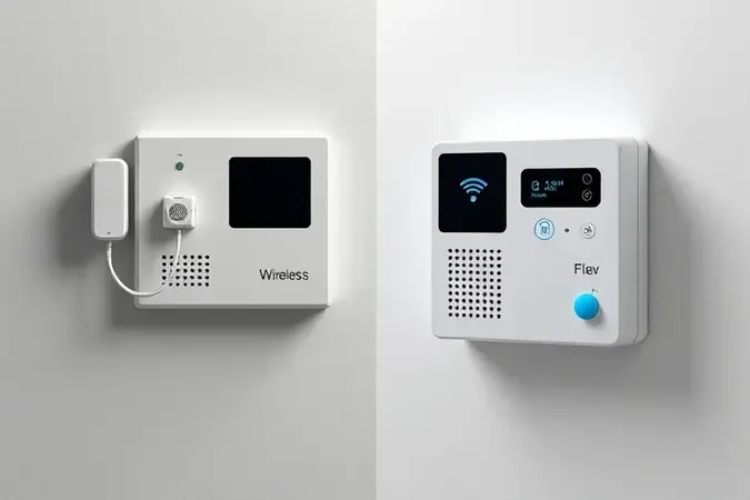 Comparação conceitual 3D entre interfone com fio e interfone sem fio com design moderno e minimalista lado a lado.