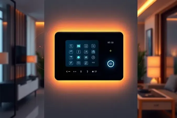 Interfone inteligente com tela touch integrado ao ecossistema de automação residencial em renderização 3D futurista e sofisticada.