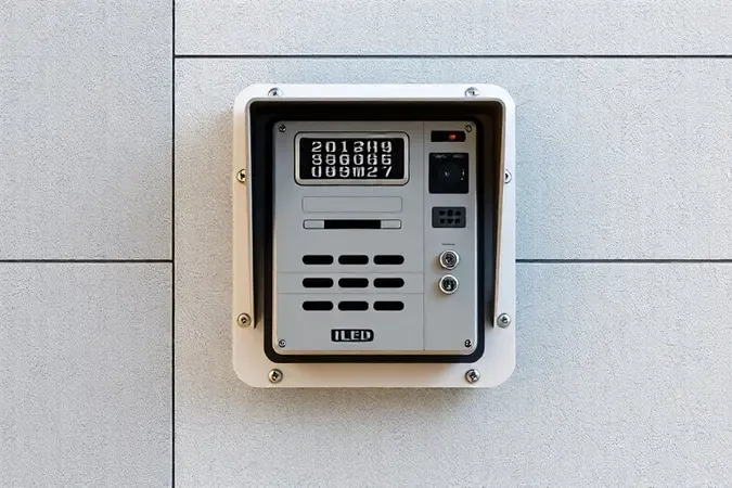 Interfone externo com proteção antivandalismo em renderização 3D, destacando materiais reforçados e design robusto para áreas externas.