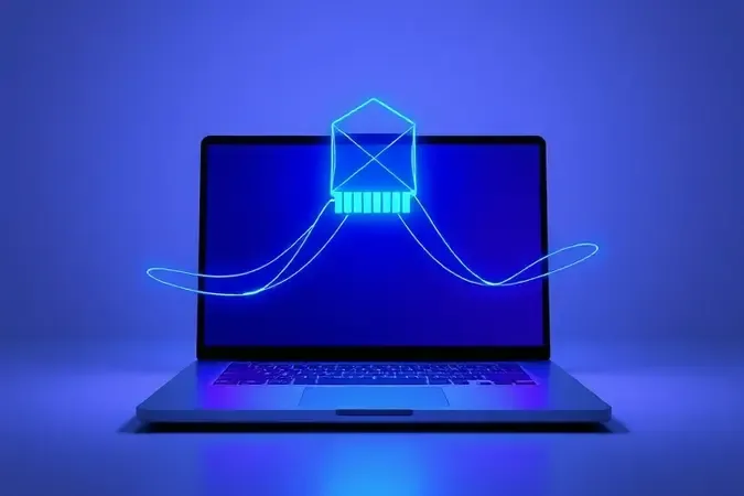 Render 3D conceitual de laptop com fluxos de dados abstratos representando latência e estabilidade de internet para jogos.