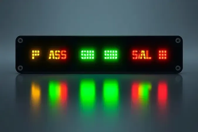 Ilustração 3D de painel de LEDs de testador de cabos exibindo indicadores de aprovação e falha em estética minimalista.