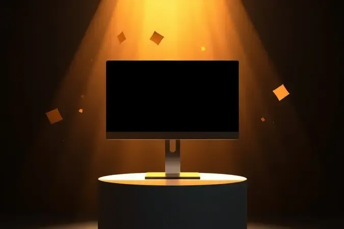 Render 3D conceitual simbolizando investimento em monitor premium com iluminação dourada e composição elegante de estúdio.