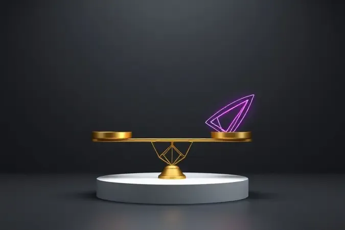 Renderização 3D de balança geométrica dourada representando a decisão de investir em celular gamer.