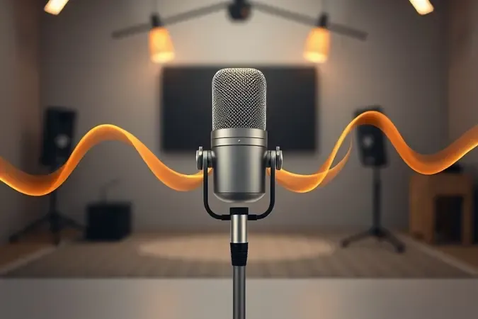 Conceito 3D de microfone profissional com ondas sonoras douradas abstratas representando áudio de alta fidelidade para podcast.