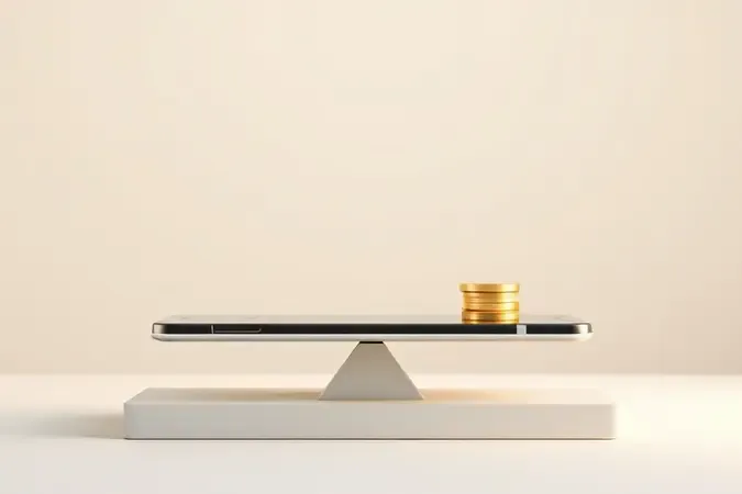 Renderização 3D conceitual de balança minimalista com smartphone abstrato representando custo-benefício e valor acessível