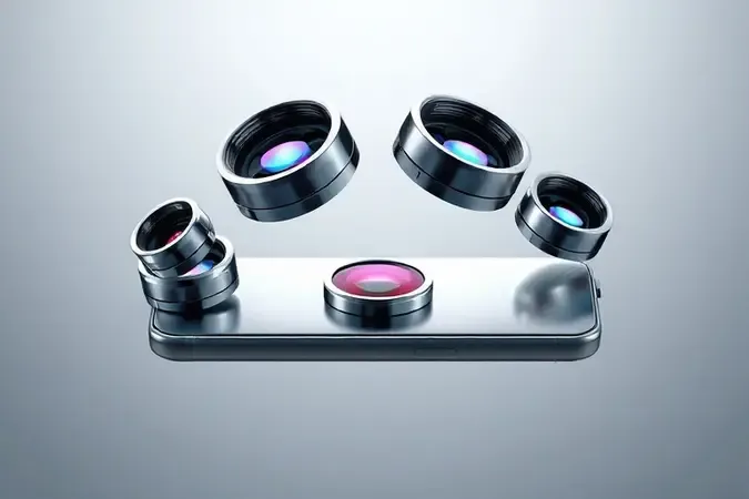 Renderização 3D conceitual de elementos de câmera flutuantes ao redor de smartphone representando qualidade fotográfica premium