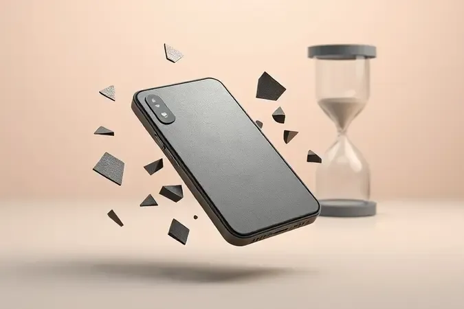 Renderização 3D conceitual de smartphone fragmentado com ampulheta simbolizando obsolescência e fim do ciclo de atualizações