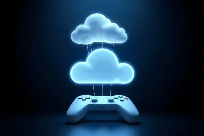 Renderização 3D conceitual de nuvens luminosas conectadas a controle abstrato simbolizando tecnologia de jogos em nuvem.