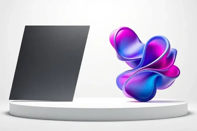 Render 3D conceitual comparando tecnologias de impressão laser e tanque de tinta com formas geométricas e fluidas contrastantes.