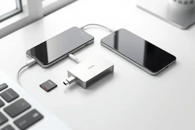 Leitor de cartão de memória conectado a smartphone via USB-C em composição conceitual 3D com iluminação natural