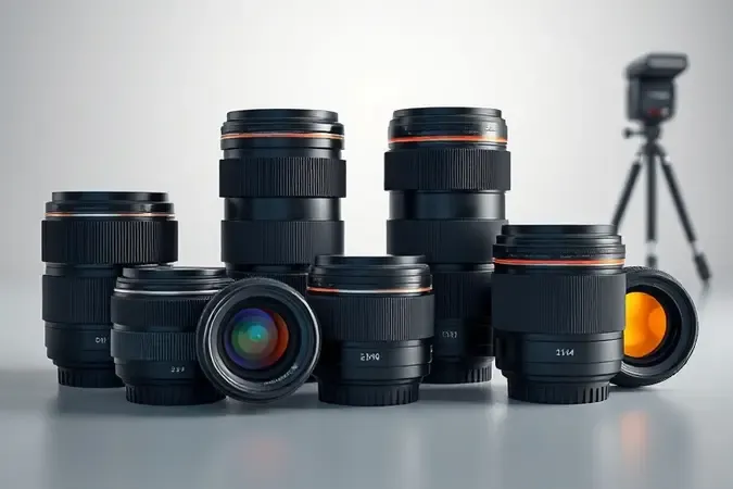 Composição 3D conceitual de lentes fotográficas intercambiáveis em arranjo elegante sobre superfície minimalista com iluminação de estúdio.