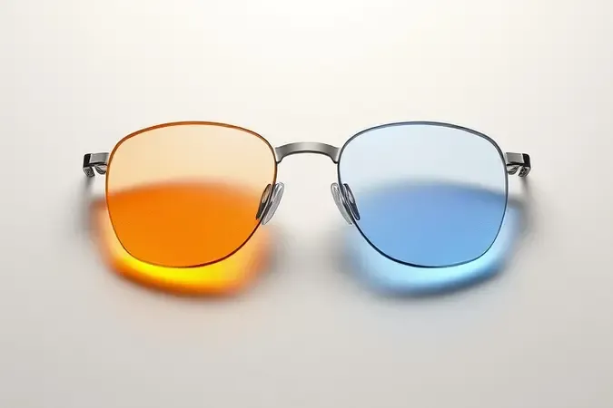 Render 3D comparando lente com tonalidade laranja e lente transparente com revestimento azul lado a lado em composição minimalista simétrica.
