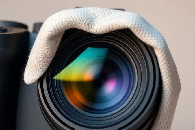 Render 3D em close-up de lente de câmera de ação sendo limpa com pano de microfibra e iluminação suave