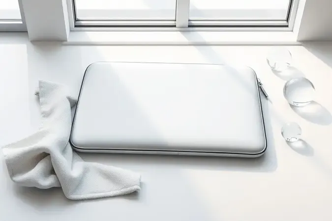 Capa de notebook em cena conceitual 3D com elementos de limpeza e conservação em composição clean e iluminação natural suave.