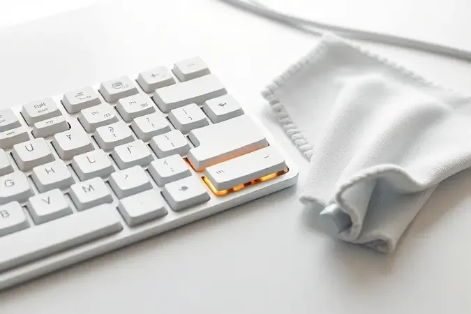 Render 3D de limpeza de teclado óptico com keycap removida expondo switch limpo e pano de microfibra ao lado.