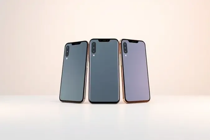 Três smartphones modernos genéricos sem marca dispostos em formação escalonada sobre superfície branca com iluminação de estúdio suave.