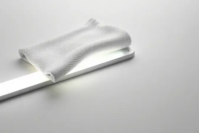 Limpeza delicada de fita LED com pano de microfibra em superfície limpa e minimalista