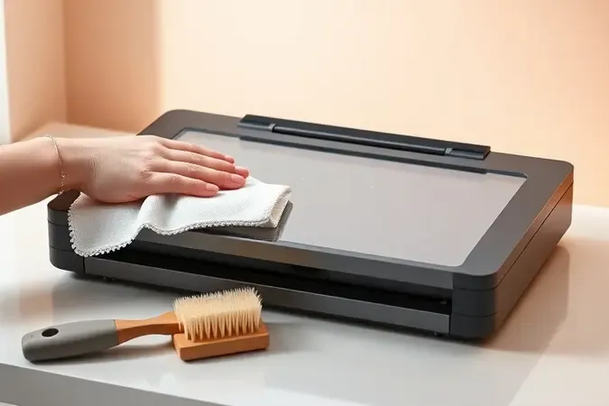 Limpeza de scanner com pano de microfibra e kit de manutenção em cena conceitual com iluminação suave