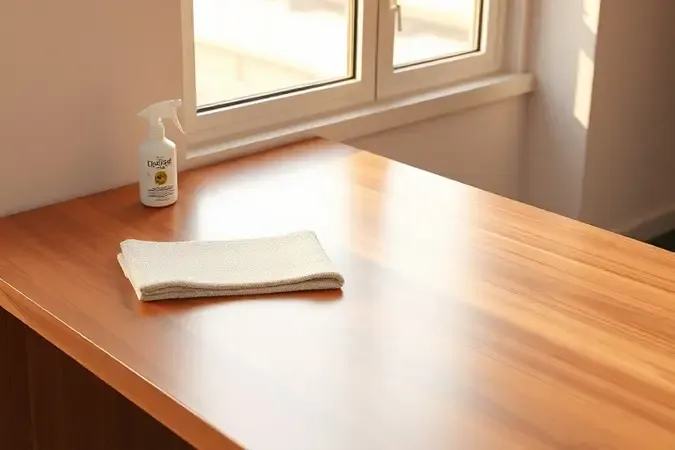 Manutenção de mesa em L com pano de microfibra sobre superfície de madeira limpa e iluminação natural.