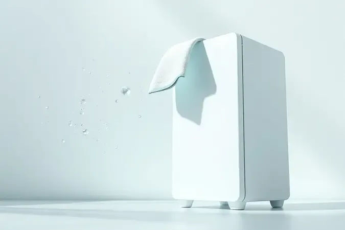 Renderização conceitual de manutenção preventiva de computador desktop com pano de microfibra flutuante e partículas abstratas em ambiente sereno.