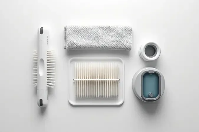Composição 3D organizada de acessórios para manutenção de robô aspirador com escova, filtro e pano de microfibra em superfície clean.